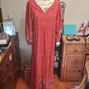 Vintafe Floral Boho Red Maxi Dress Size Large
